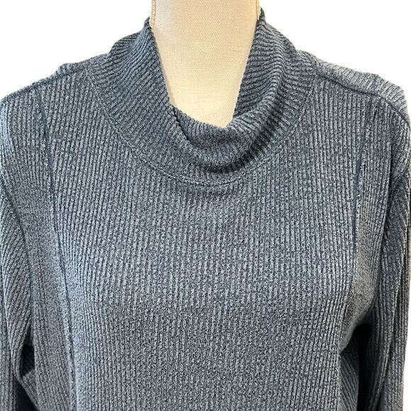 Free People Long Sleeve Mock Neck Sweatshirt LARGE Blue Lagenlook Boho Relaxed - Picture 2 of 8
